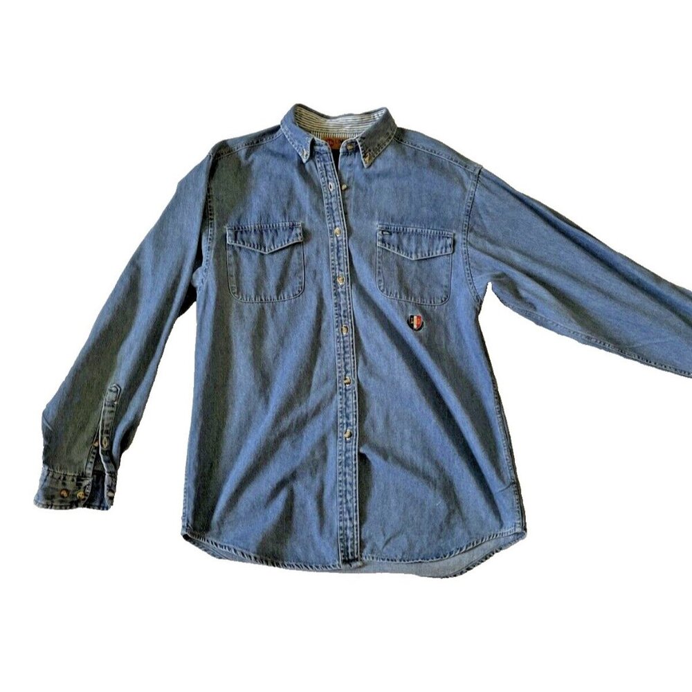 Blue Button-Up Denim Shirt W/ Striped Collar Size 14 LTD Logo Womens